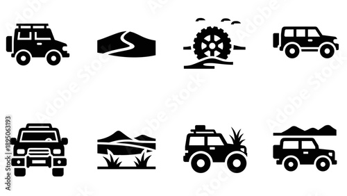 Adventure vehicle icons: silhouettes of off-road, suv, and mountain expedition themes