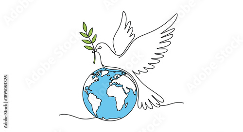 Peace dove carrying green olive branch perched atop blue earth globe in symbolic continuous line art illustration for world harmony.