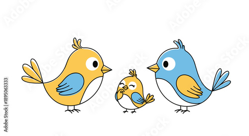 Family of three cute cartoon birds in yellow and blue colors representing parents and child in sweet nursery illustration.