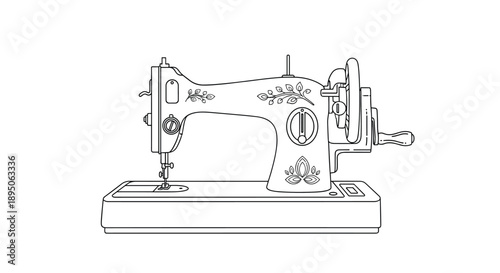 Vintage mechanical sewing machine with ornate floral decorations rendered in detailed black and white line art illustration style.