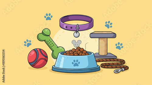 Collection of pet supplies and accessories on a yellow background.
