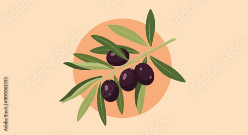 Ripe dark olives on green leafy branch centered on warm orange circular background in clean and minimalist flat illustration style.