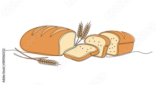 Assorted freshly baked bread loaves and slices with golden wheat stalks in warm continuous line art illustration for bakery theme.