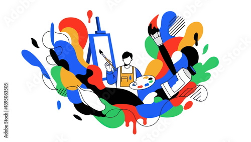 Artist painting with vibrant abstract elements