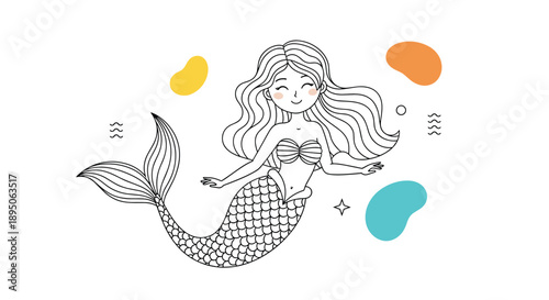 Beautiful mermaid with flowing hair and scales surrounded by abstract colorful shapes in dreamy line art illustration style.