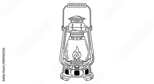 Traditional kerosene oil lantern with handle and glass chimney shown in detailed black and white line art illustration.