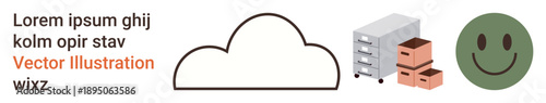 Data storage, technology organization, cloud computing, digital infrastructure, information management, positivity. Cloud outline with server rack, boxes and smiling face. Data storage
