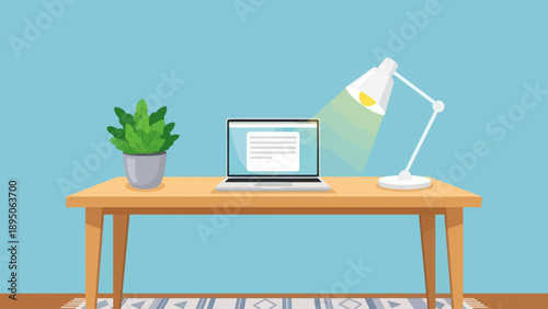 Modern workspace with laptop, desk lamp and potted plant.