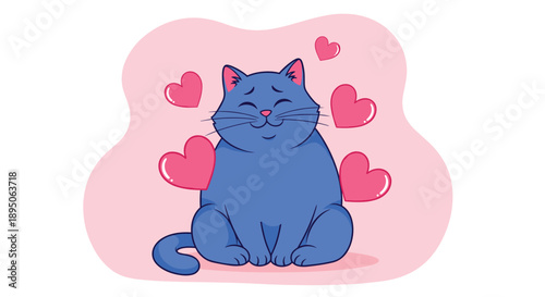 Charming illustration of a happy blue cat sitting comfortably surrounded by several floating pink hearts on a soft background for love.