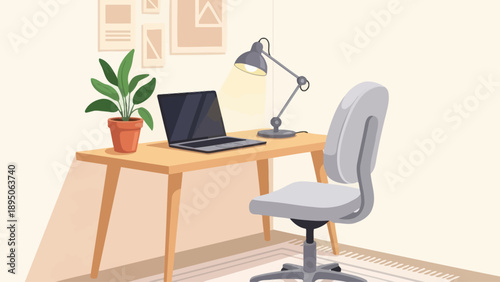 Minimalist home office with laptop and desk lamp.