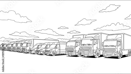 Line art of trucks and vans in a fleet on clouds background
