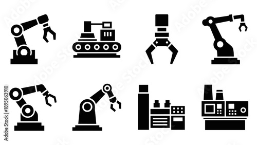 Industrial robotic arm icons set for automation and manufacturing design