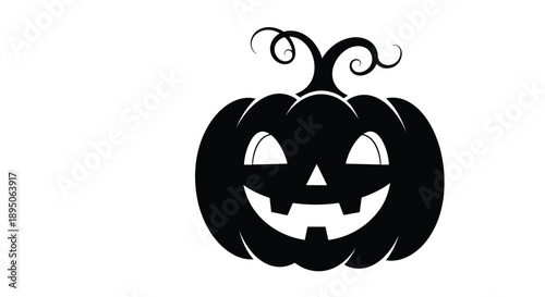 Classic black silhouette of a carved Halloween pumpkin with a wide toothy grin and curling vine stem on a white background for spooky art.