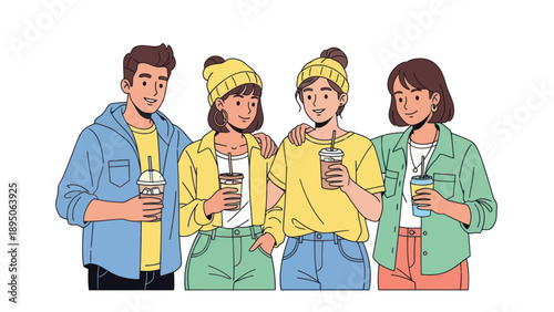 Group of diverse young people socializing and holding cold drinks.