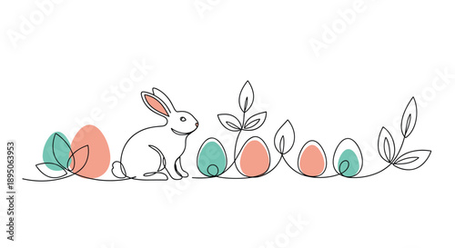 Charming continuous line drawing of an Easter bunny sitting among several colorful eggs and delicate green leaves on a white background.