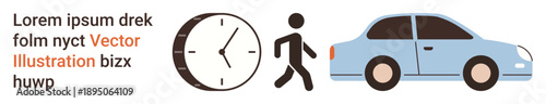 Time management, commuting, scheduling, punctuality, transportation, daily routine. Clock, walking figure and blue car. Time management and commuting concepts with focus on punctuality