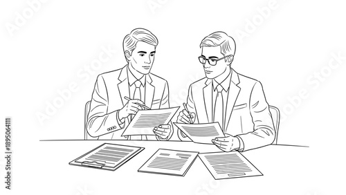 Business meeting discussion with two professionals analyzing documents in line art style
