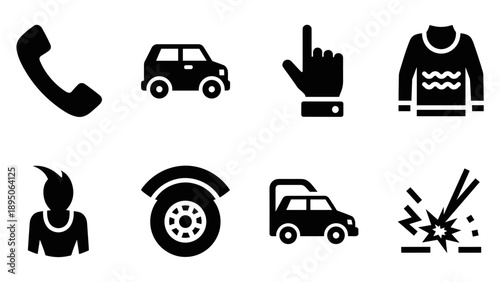 Minimalist icon set featuring communication, transportation, and clothing symbols
