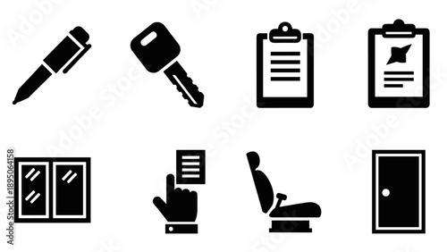 Simple black icons set: pen, key, clipboard, window, hand pointer, car seat, door