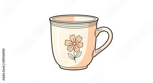 Peach colored coffee mug with a simple flower illustration on the side isolated on a white background for cafe branding.