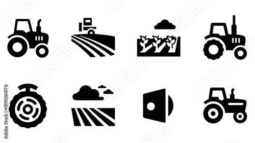 Set of farming icons with tractors, fields, and plants in black silhouette style