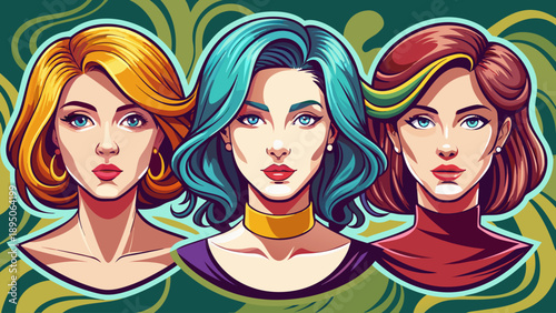 Very beautiful clean illustration set featuring three distinct female hairstyles including wavy, straight, and bob cut, designed with simplicity and balance for modern beauty, fashion, and design conc