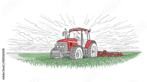 Detailed linear tractor on farmland with sunrise background