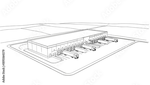 Isometric warehouse with trucks at loading bays on white background