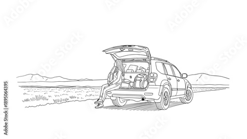 Road trip adventure: linear sketch of suv with open trunk in scenic landscape