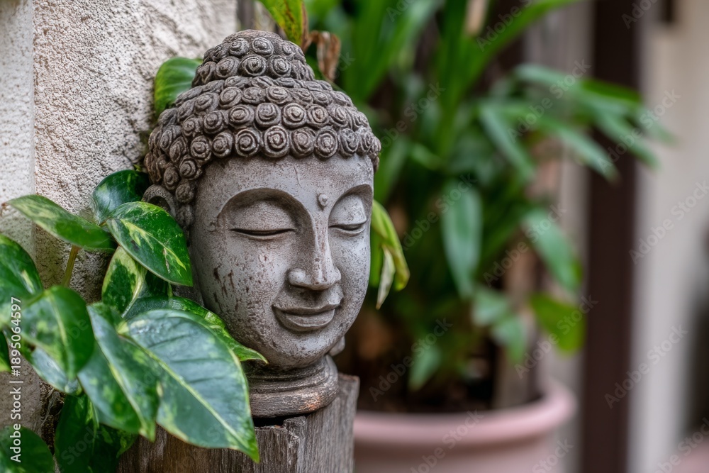 Obraz premium Serene Buddha head statue nestled amongst lush green foliage in a tranquil garden setting