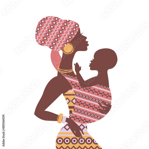 Beautiful silhouette of african mother and baby in retro style. Cards of Happy Mother's Day. Vector isolated illustration