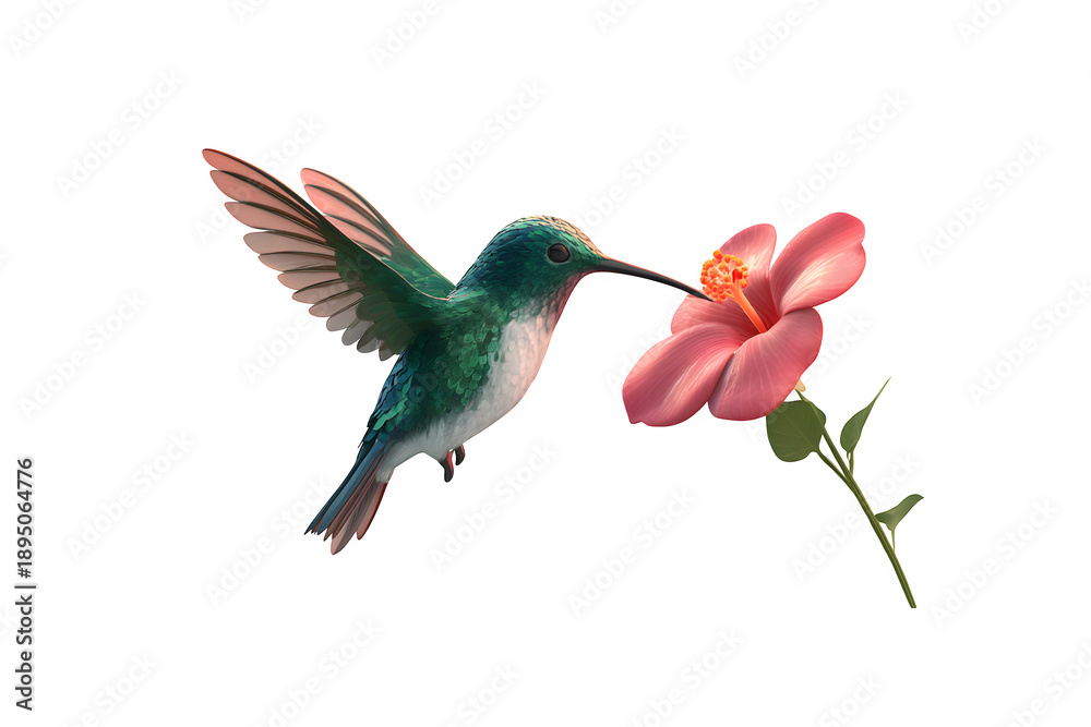 Obraz premium Hummingbird feeding on hibiscus isolated on transparent background