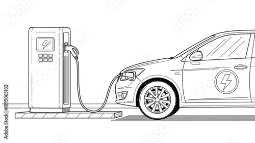 Electric car charging at station in minimalist style