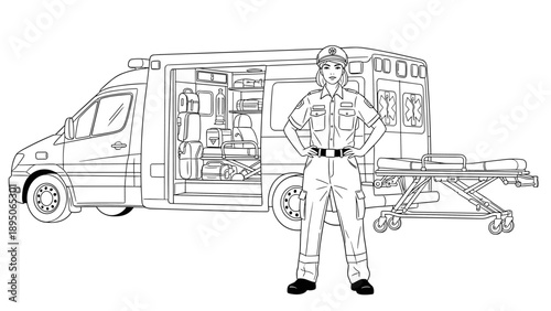 Ambulance scene with female paramedic and emergency equipment in outline style