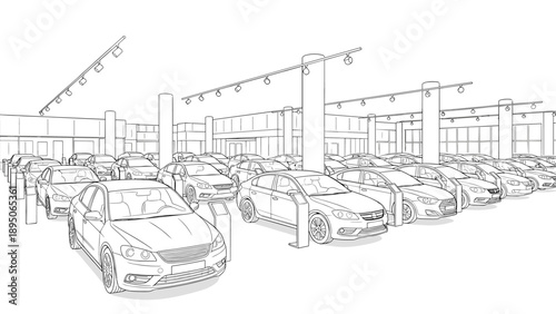Modern car showroom with array of vehicles in detailed line art style