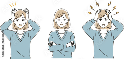 Vector Illustration of a Young Woman Feeling Stressed and Having a Headache or Migraine with Different Facial Expressions and Gestures