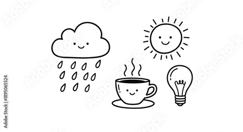 Smiling weather icons with happy cloud sunny day coffee cup and lightbulb