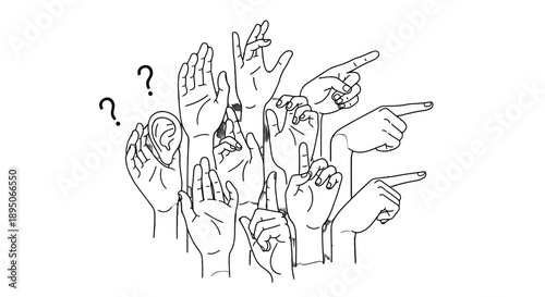 Multiple hands pointing in different directions with questioning gestures.