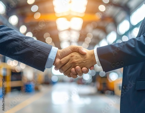 Businessmen shaking hands in a factory or warehouse, symbolizing partnership and agreement in industrial settings.