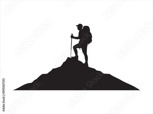 Black and white silhouette of a hiker climbing a mountain peak vector, Hiker climber at mountain top summit black silhouette vector illustration 