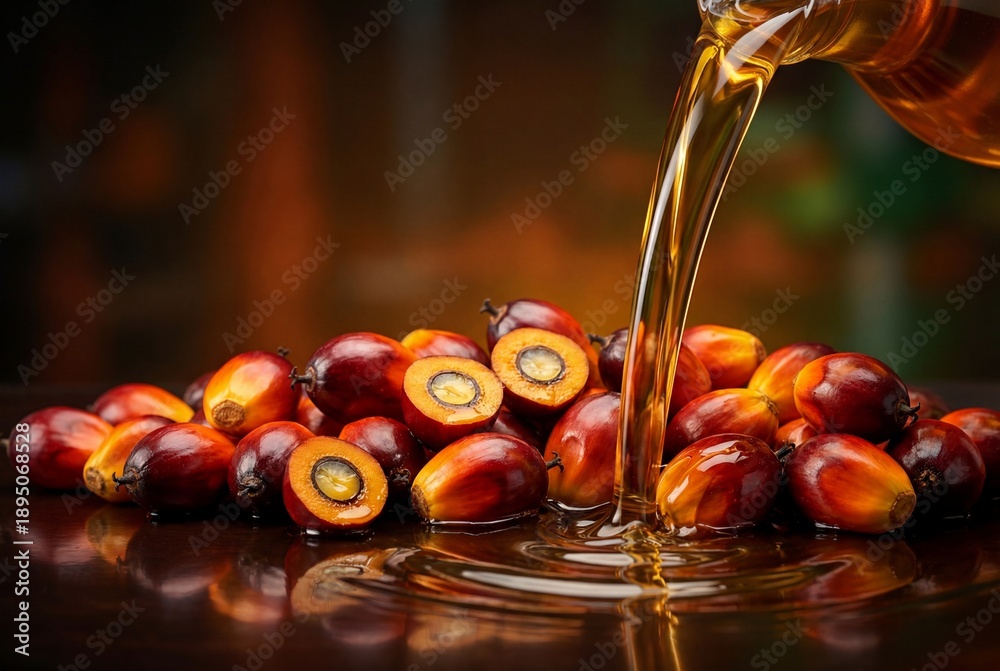 Fototapeta premium Pouring golden cooking oil onto a heap of fresh ripe red palm fruits on a dark glossy surface