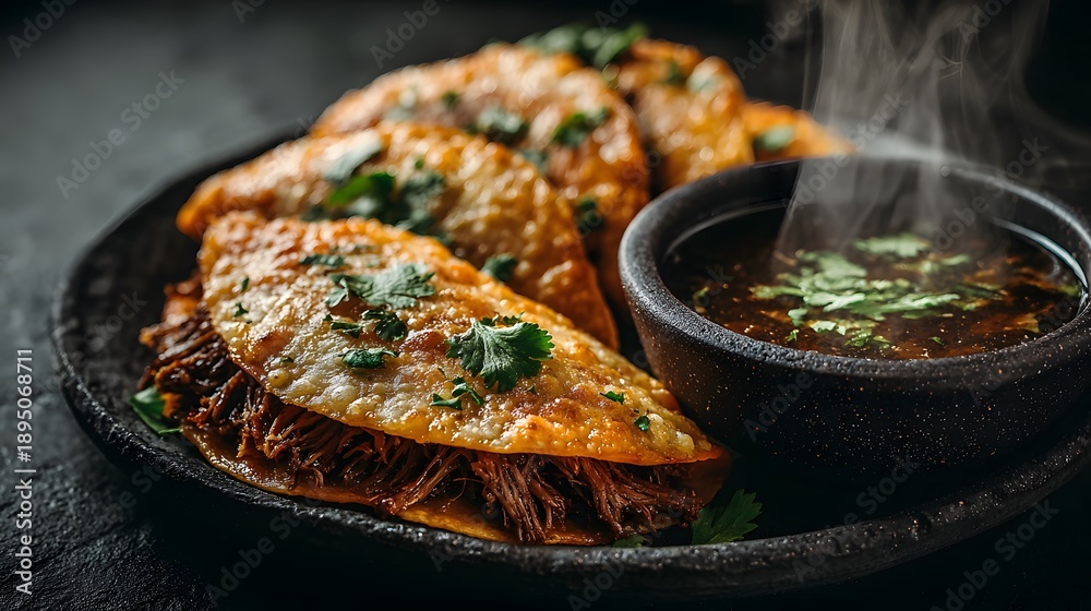 Fototapeta premium Plate of delicious birria tacos with cheese and meat served with a small bowl of consommé dip and cilantro garnish in dark moody photo style.