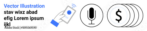 Mobile payments, voice recognition, e-commerce, financial security, digital wallets, contactless technology. A hand using a phone, microphone icon and dollar coins. Mobile payments and voice