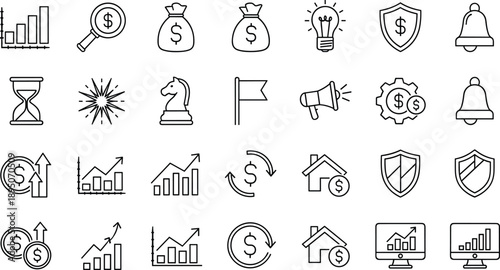 Business and finance line icon set featuring money bags growth charts light bulb idea shield security and real estate symbols for corporate branding design