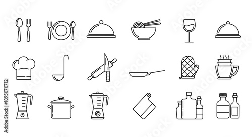 Kitchen Utensils Icon Set – Cooking Tools and Food Preparation Vector Symbols