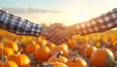 Farmers Shaking Hands in Pumpkin Patch at Sunset.