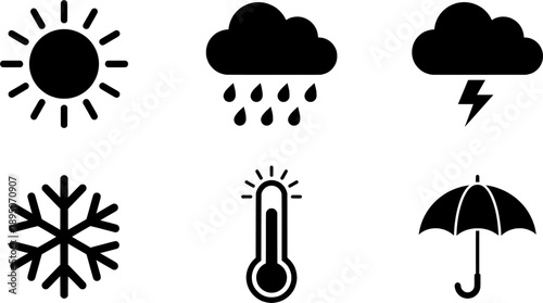 Weather Forecast and Climate Icon Set: Sun, Rain Cloud, Thunderstorm, Snowflake, Thermometer, and Umbrella weather icons set Vector Symbols