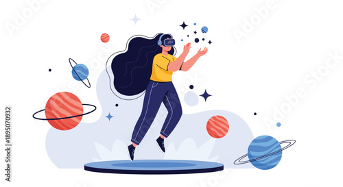 Young woman wearing a vr headset floating in a cosmic space with planets and stars representing immersive virtual reality gaming experiences.