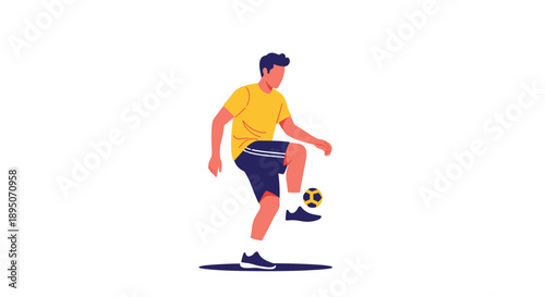 Young male athlete juggling a soccer ball with his feet showcasing impressive ball control skills on a plain white background.