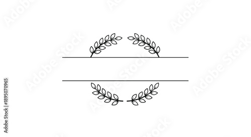 Simple black and white line art of a split leaf wreath frame with horizontal lines providing a space for custom text or logo placement.